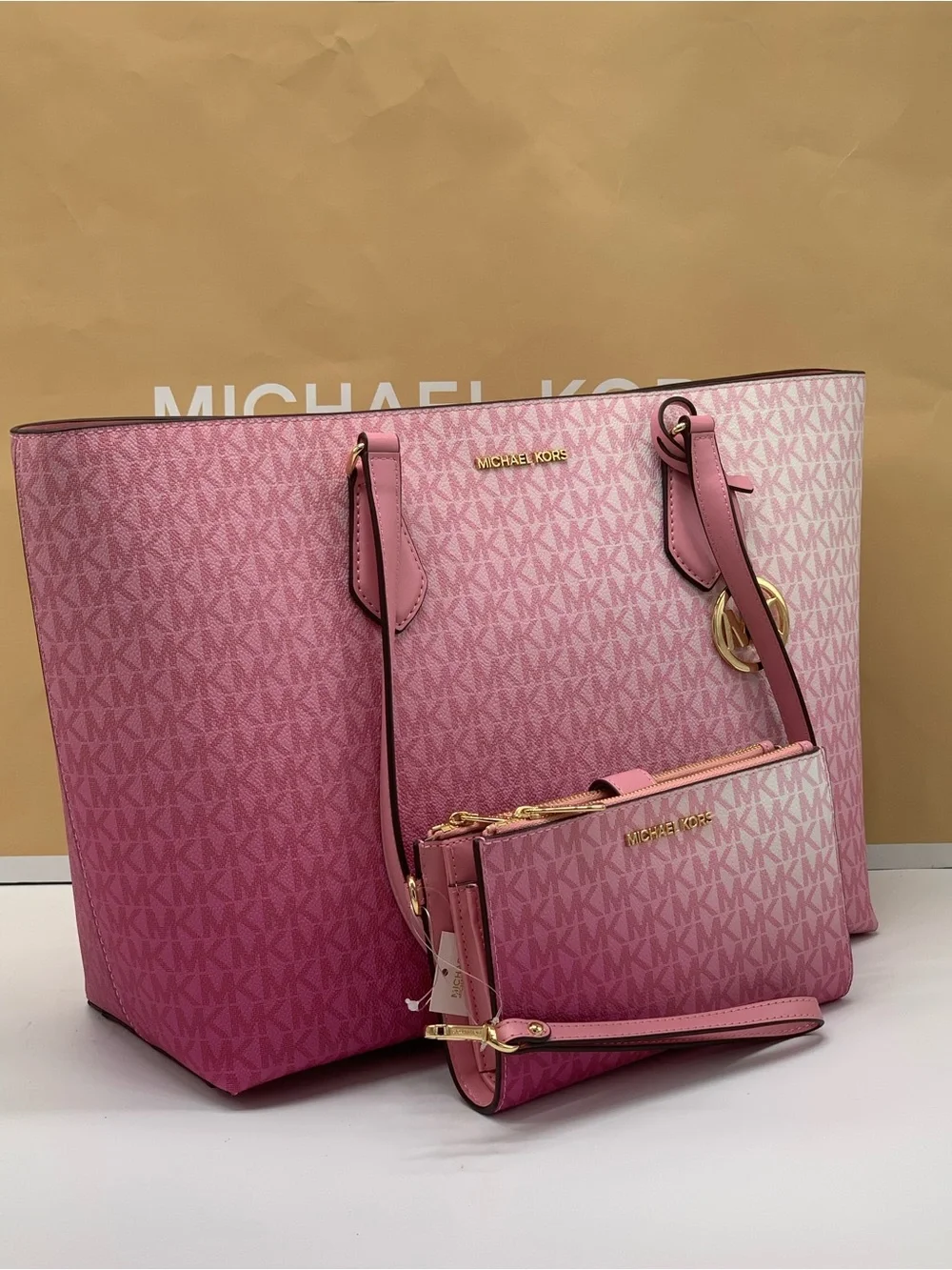 Michael Kors Sheila Carnation  Ombre Signature Logo Tote with Wristlet